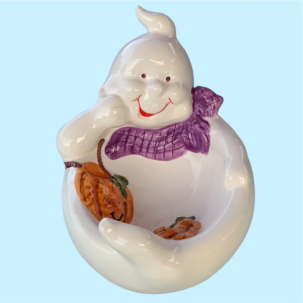 WCL Ceramic White Ghost and Pumpkins Candy Dish